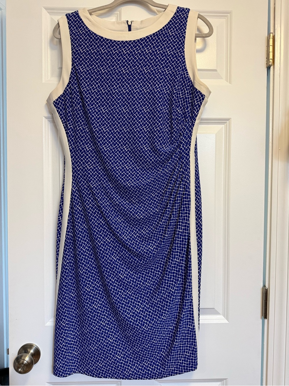 Chaps Blue Geometric Midi Sheath Dress with Cream Trim